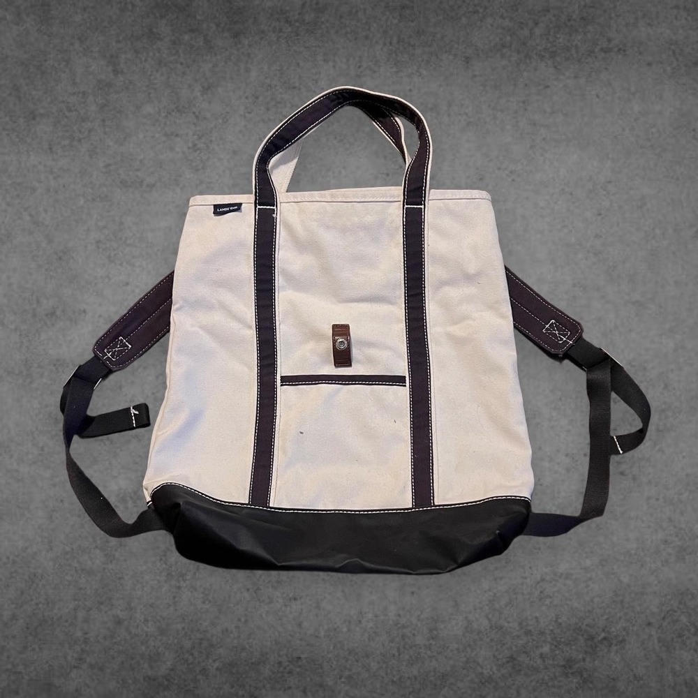 Lands End Canvas Backpack Tote Bag Cream Black Vintage Y2K Mens Medium